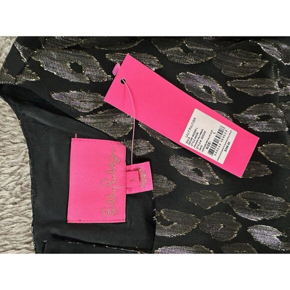 Lilly Pulitzer Francis Silk Dress In Onyx Leopard Metallic Black Size L New $248 - Picture 9 of 14